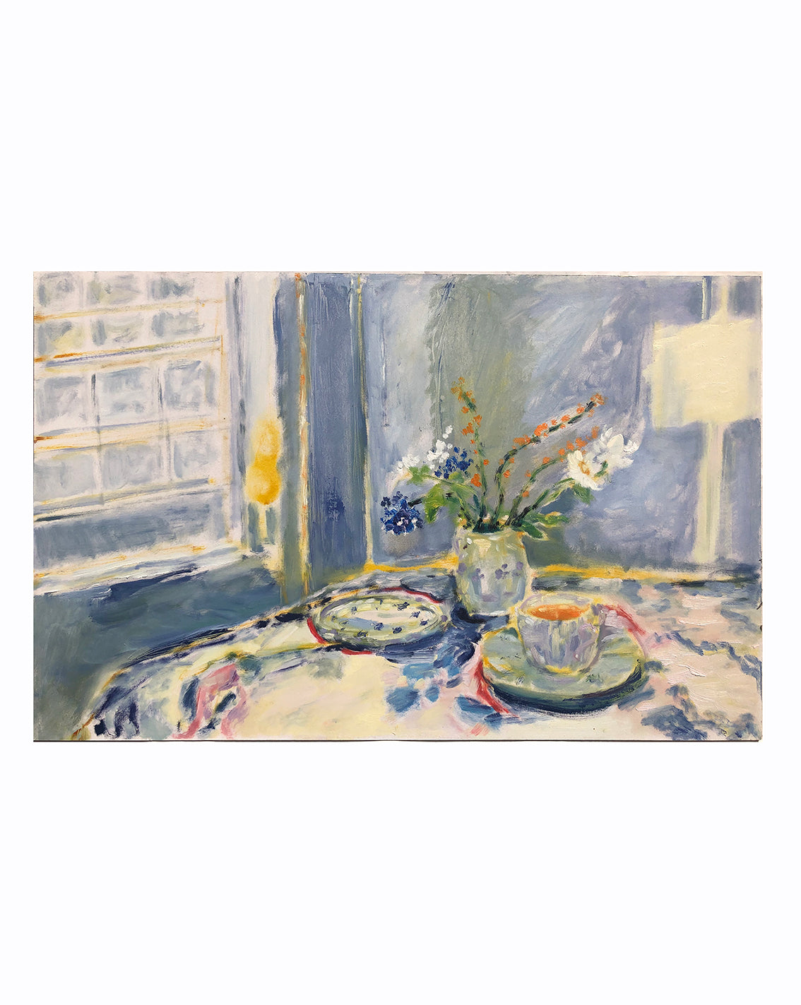Pale Blue Spring Light, Hot Orange Flowers